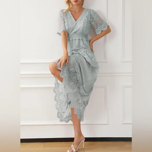 Happy sailed GRAY Maxi Dress with Lace Ruffle | Bohemian - NWOT Size Large - Picture 1 of 10